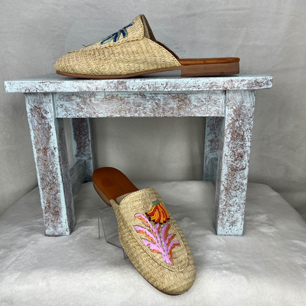 Farm‎ Rio Tropical Beaded Raffia Mule Women's US 8 EU 39 Embroidered Floral